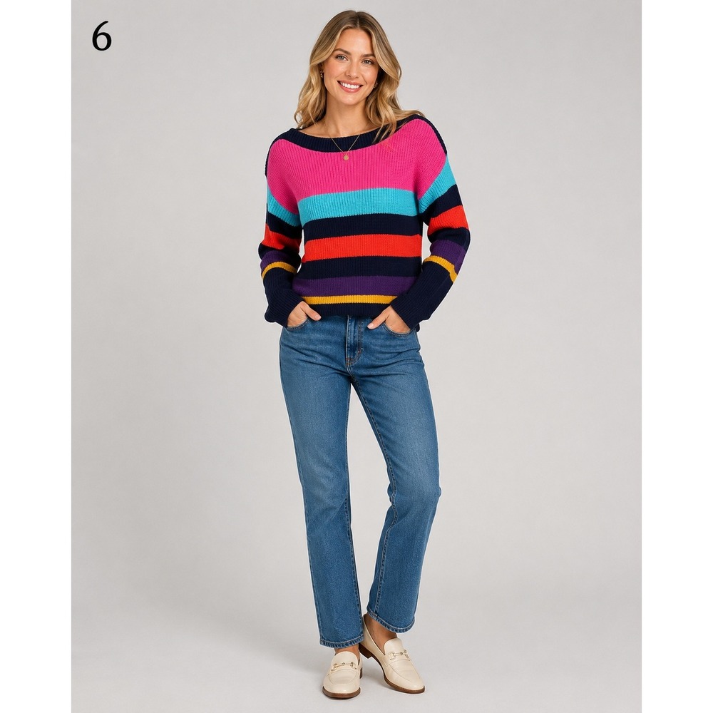 WoolOvers Boat Neck Jumper Sweater Womens XS Pink Blue Stripe 100% Lambswool